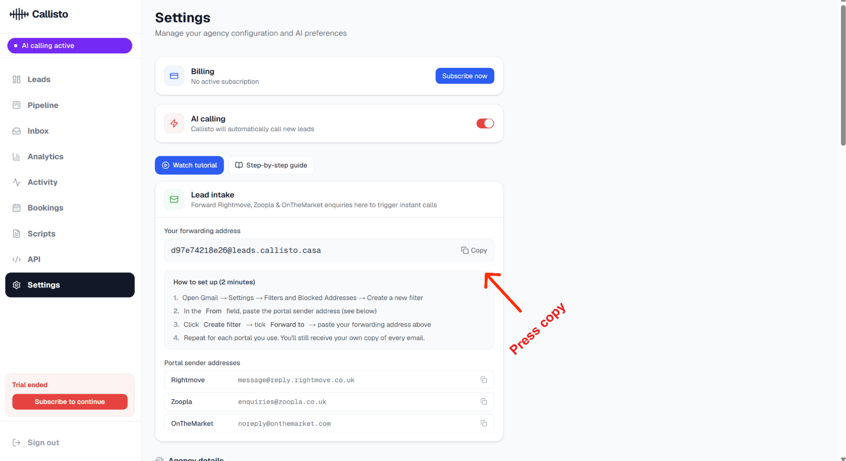 Step 1 — Copy your Callisto forwarding address — screenshot 1
